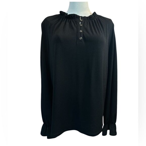 Adrianna Papell Large Ruffle Mock Neck Black Chiffon Whimsigoth Fairy Blouse - Picture 1 of 12
